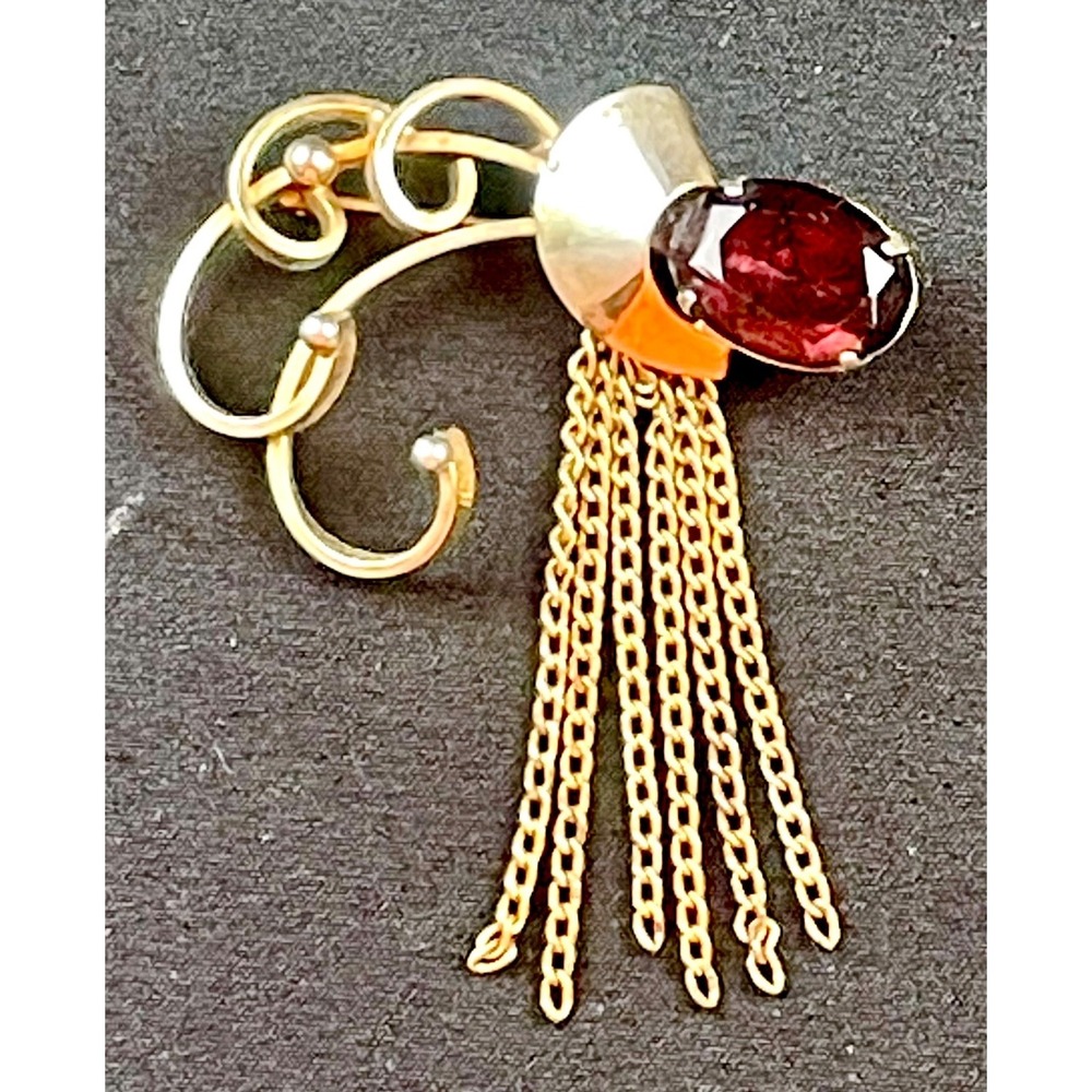 Retro Gold Tone Brooch Purple Glass Rhinestone Tassel Dangle Pin Unsigned Vintag